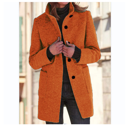 Fashion Stand Collar Woolen Coat With Pockets Fall Winter Casual Button Outwear For Women Clothing - Infinity Beautiful Boutique