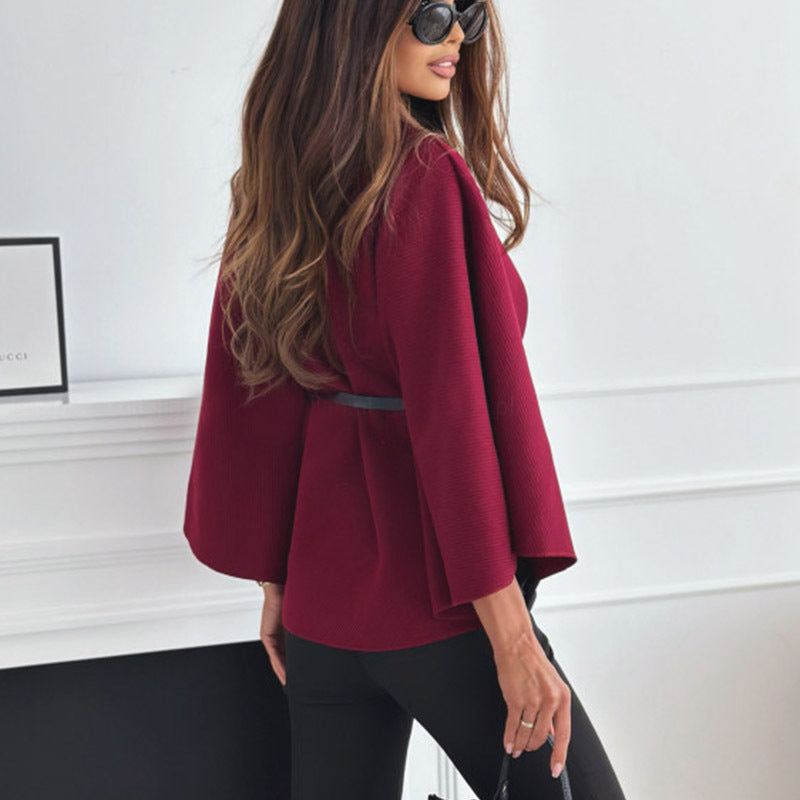 Batwing Sleeve Belted Cloak Jacket – Chic Woolen Sweater Top for Women - Infinity Beautiful Boutique