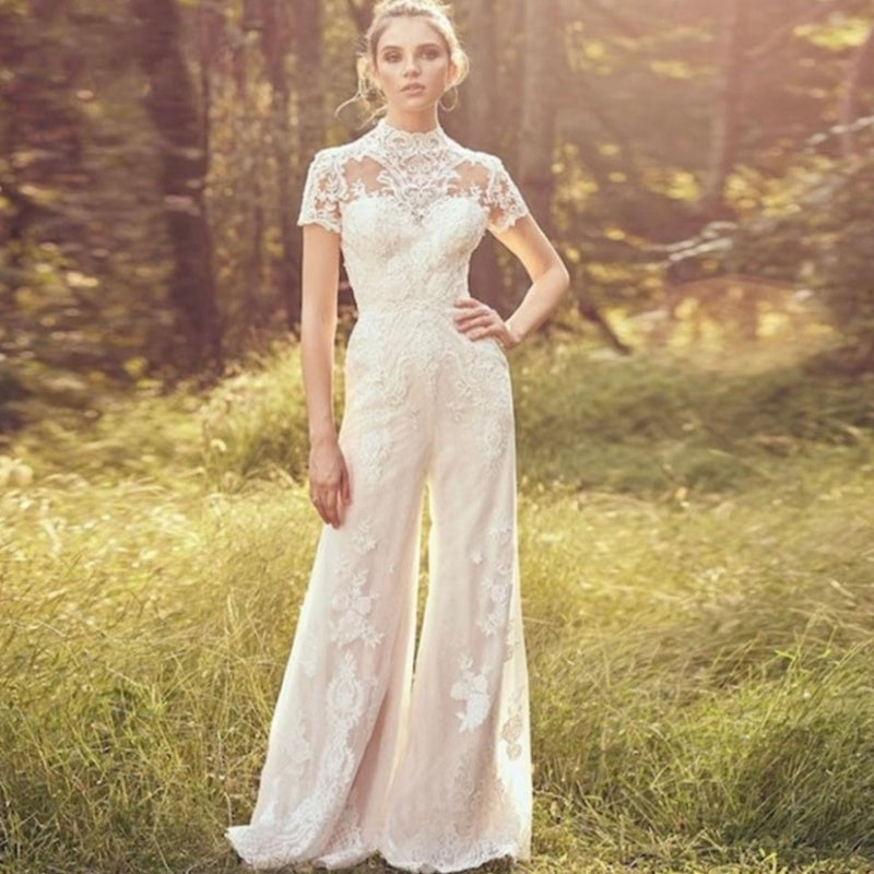 Infinity Beautiful Bridal Pantsuit – Short Sleeve Wedding Jumpsuit for Modern Brides - Infinity Beautiful Boutique