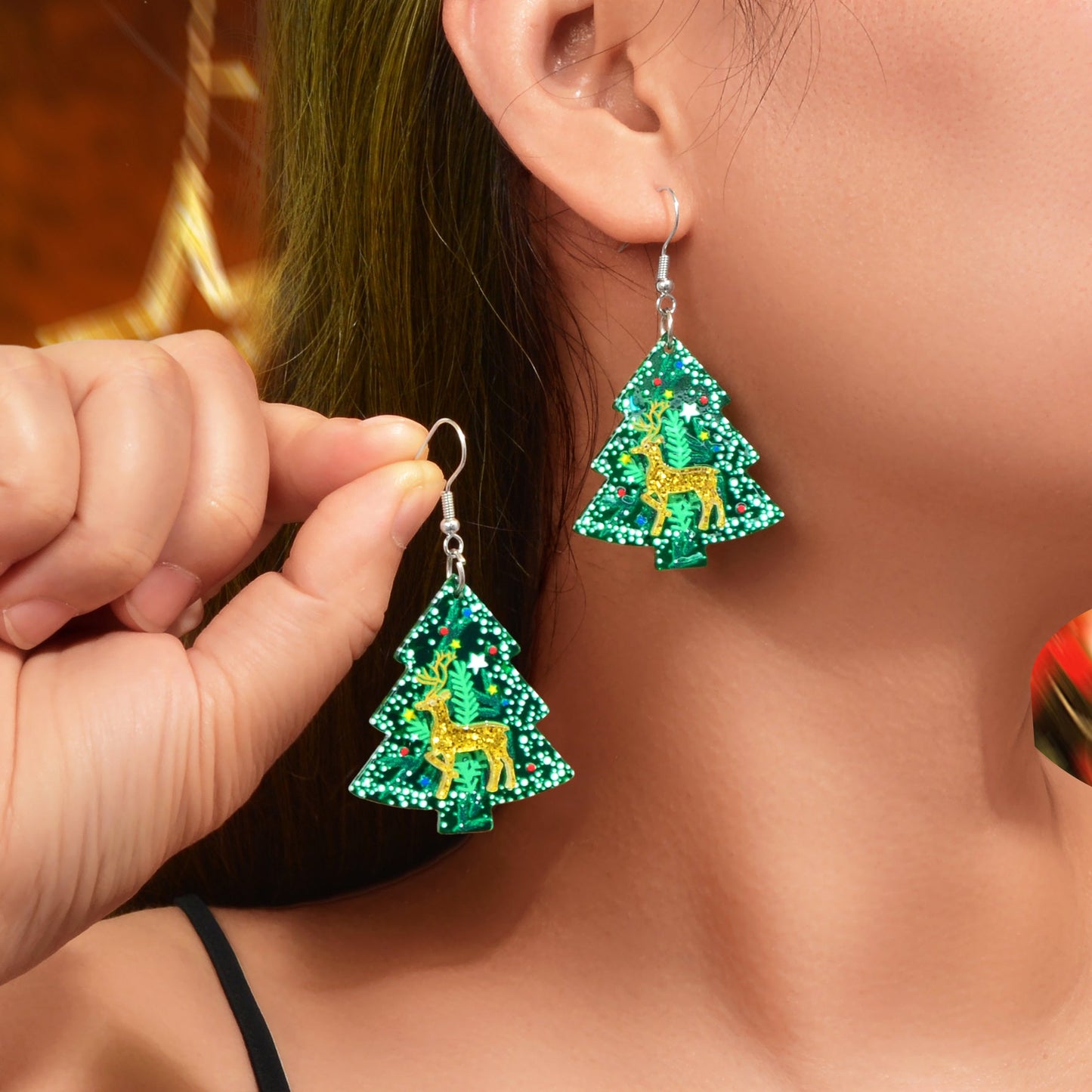 Deer Pattern Green Christmas Tree Acrylic Dangle Earrings Festival