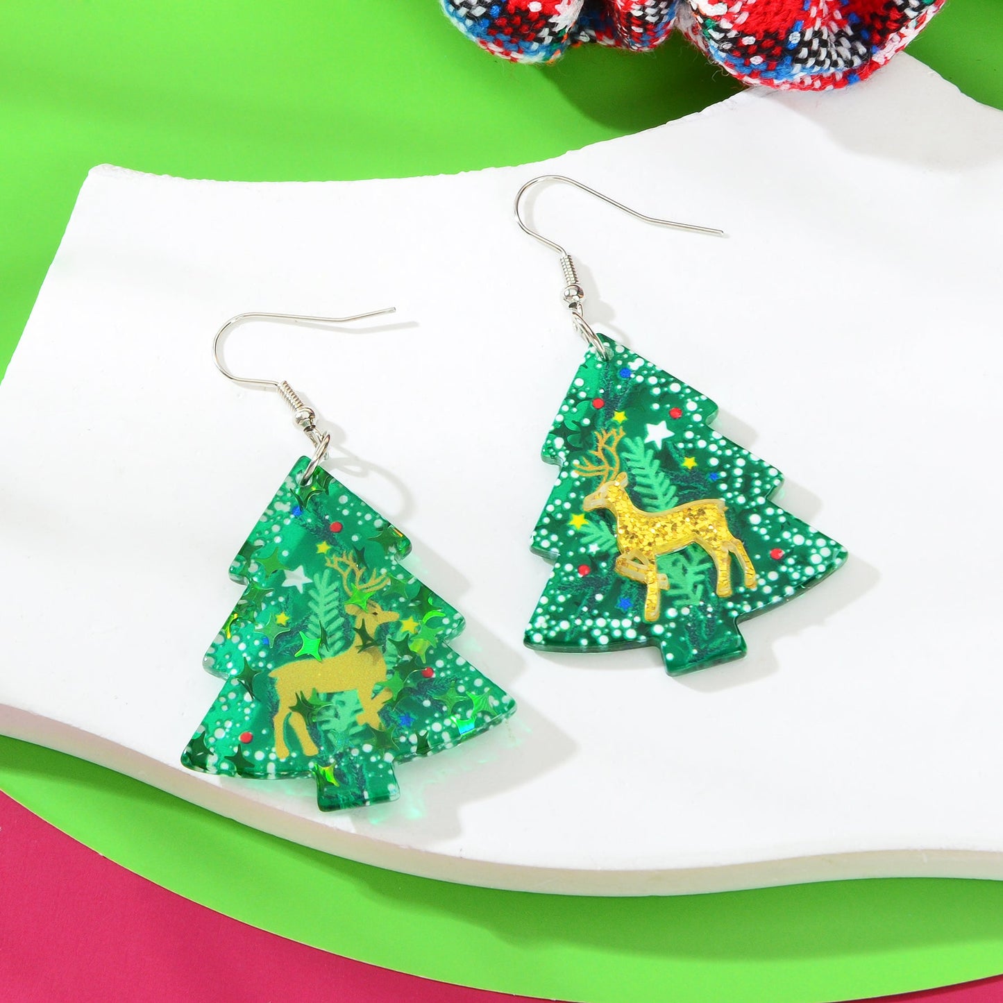 Deer Pattern Green Christmas Tree Acrylic Dangle Earrings Festival