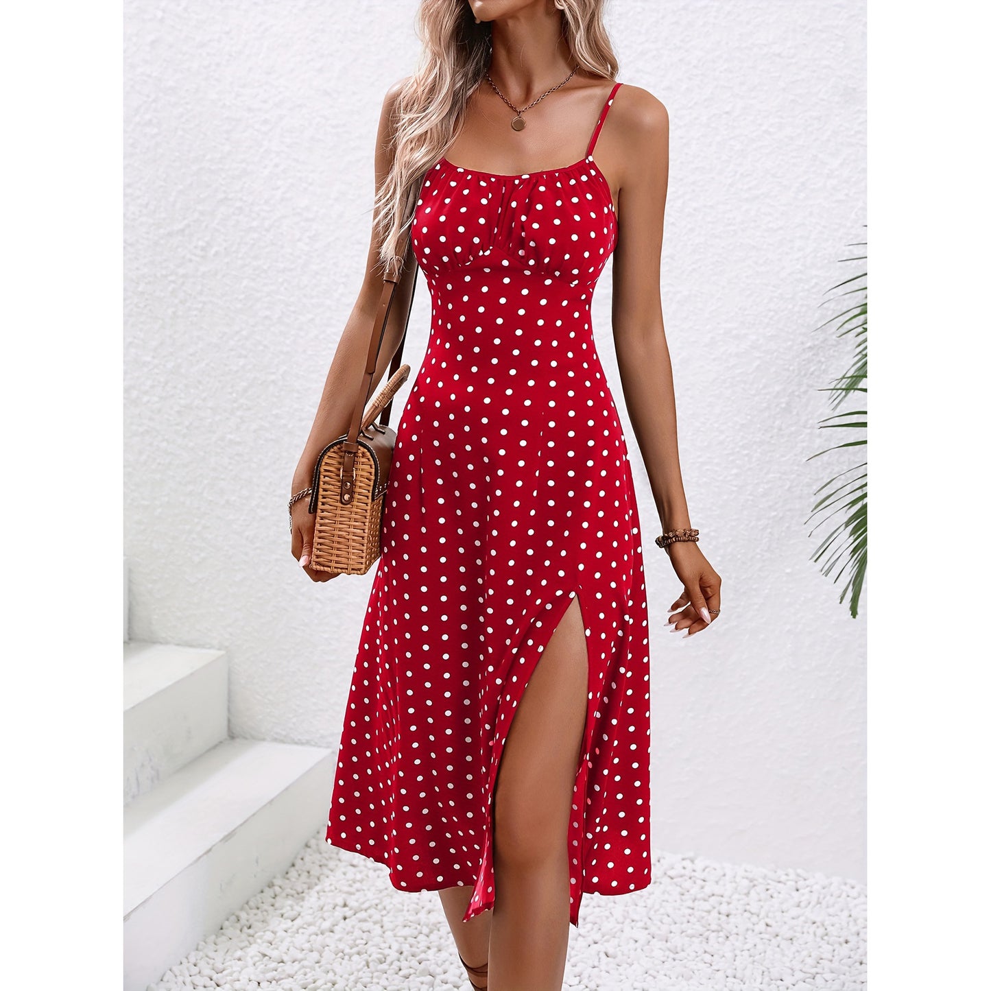 Infinity Beautiful Polka Dot Slit Dress – Sexy Summer Suspender Style - Infinity Beautiful Boutique