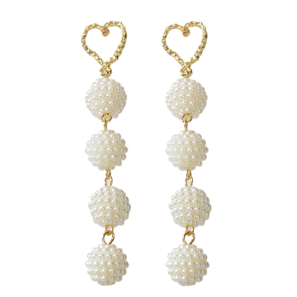 Beautiful White Beads Ball Gold Heart Long Dangle Earrings Perfect