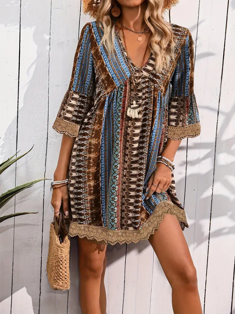 Infinity Beautiful Boho V-Neck Dress – Printed Casual Loose Beach Style
