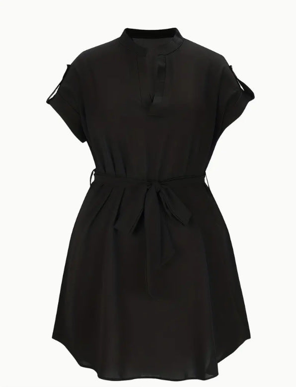 Infinity Beautiful V-Neck Belted Dress – Short Sleeve Summer Style with Bowknot Detail