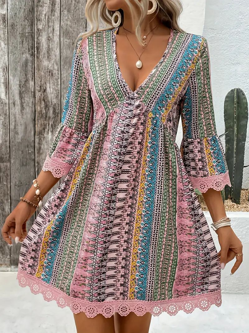 Infinity Beautiful Boho V-Neck Dress – Printed Casual Loose Beach Style