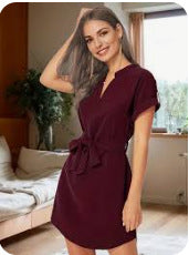 Infinity Beautiful V-Neck Belted Dress – Short Sleeve Summer Style with Bowknot Detail