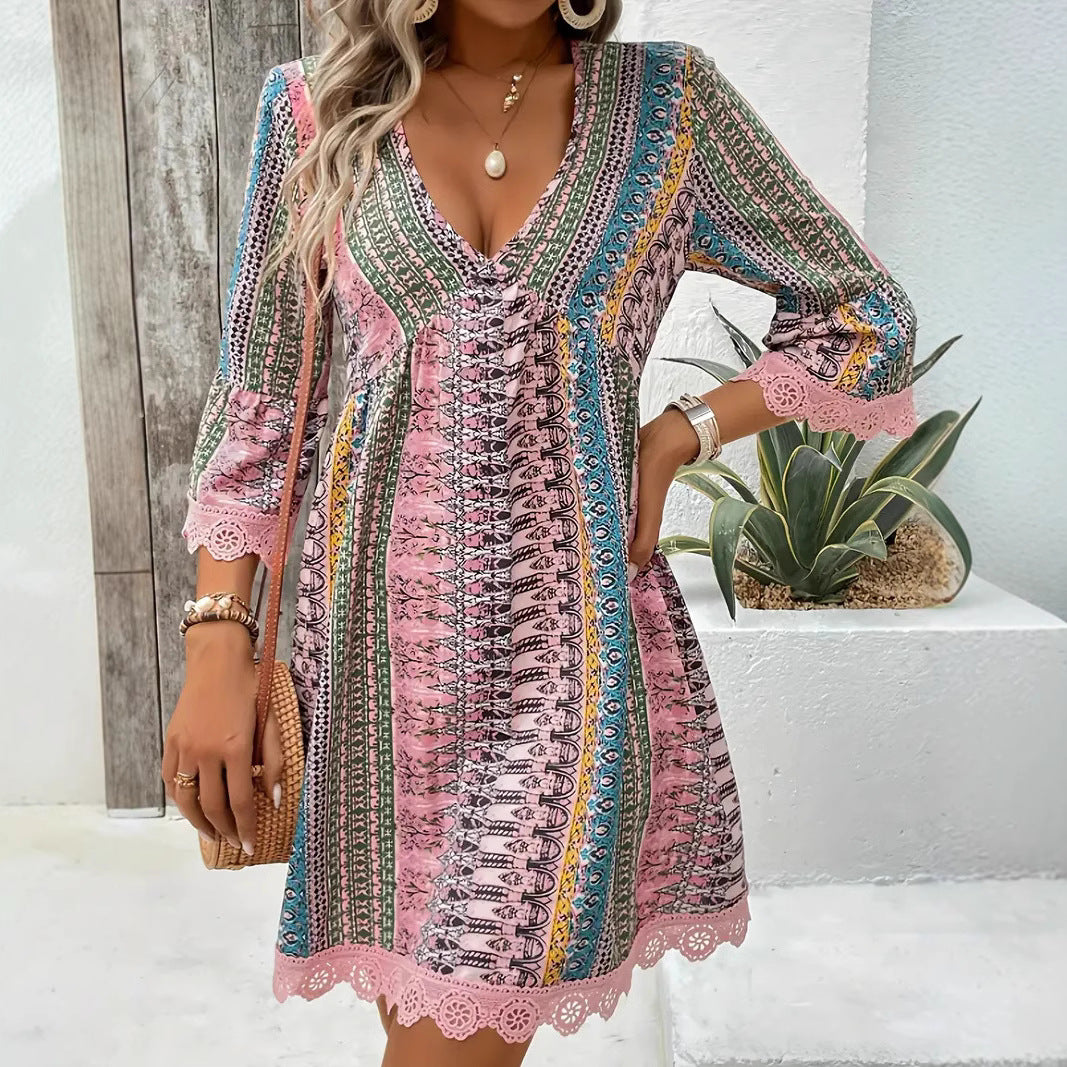Infinity Beautiful Boho V-Neck Dress – Printed Casual Loose Beach Style - Infinity Beautiful Boutique