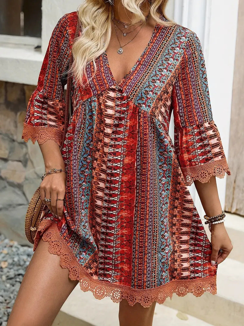Infinity Beautiful Boho V-Neck Dress – Printed Casual Loose Beach Style