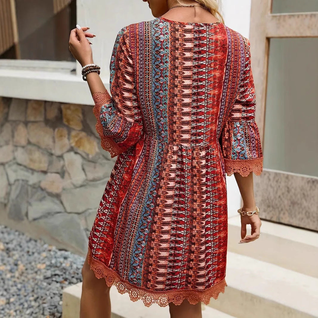 Infinity Beautiful Boho V-Neck Dress – Printed Casual Loose Beach Style - Infinity Beautiful Boutique