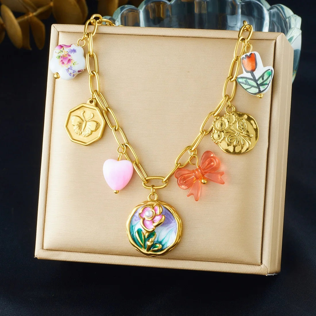 14K Gold Tone Plated Sunflower Pearl Jewelry Set Stainless Steel