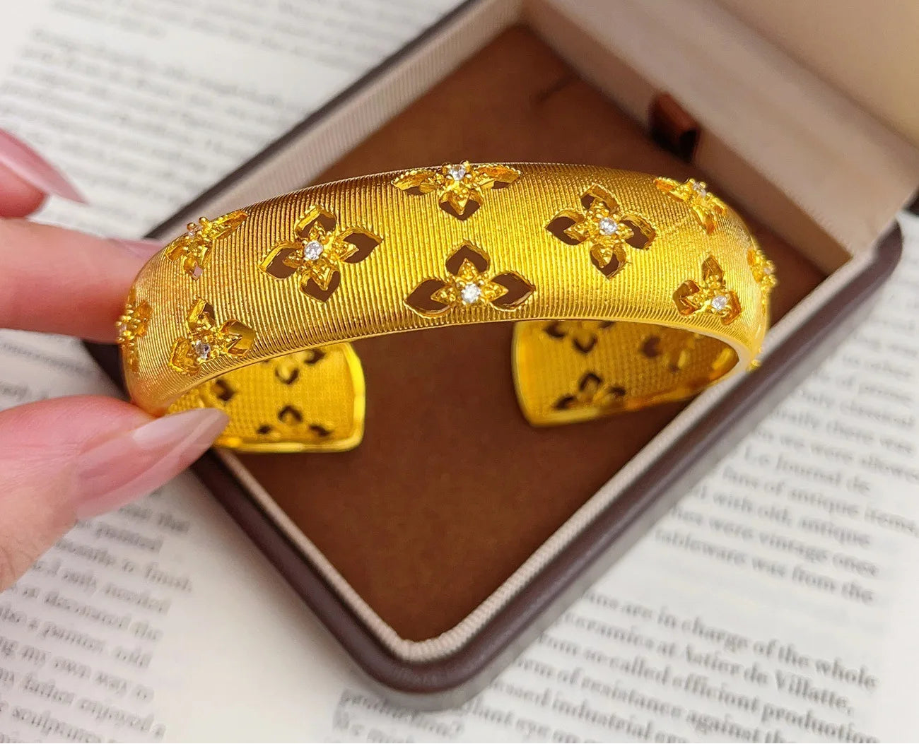 24K Gold Filled Clover Cuff Bangle Bracelet for Women Lucky Hollow Design Zircon