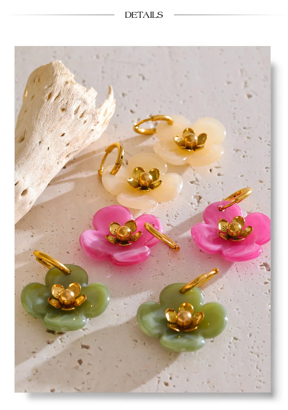 Women’s Flower Drop Hoop Earrings Stainless Steel Resin Gold Plated Trendy