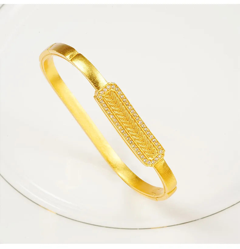 24K Women’s Gold Tone Zircon Bangle Wheat Square Design Adjustable Gift Bracelet