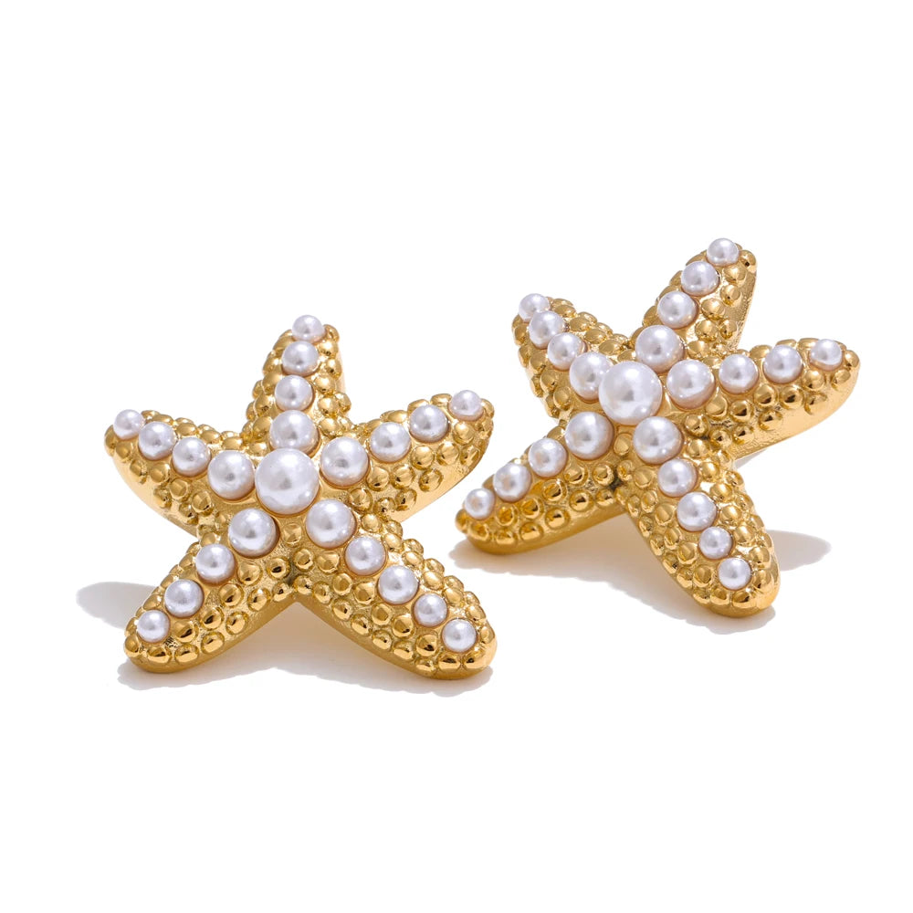 Ocean Starfish Pearl Stud Earrings Stainless Steel Vintage