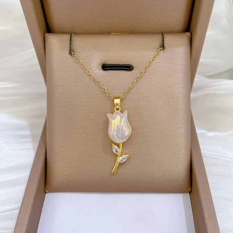 Rose Flower Pendant Necklace Stainless Steel