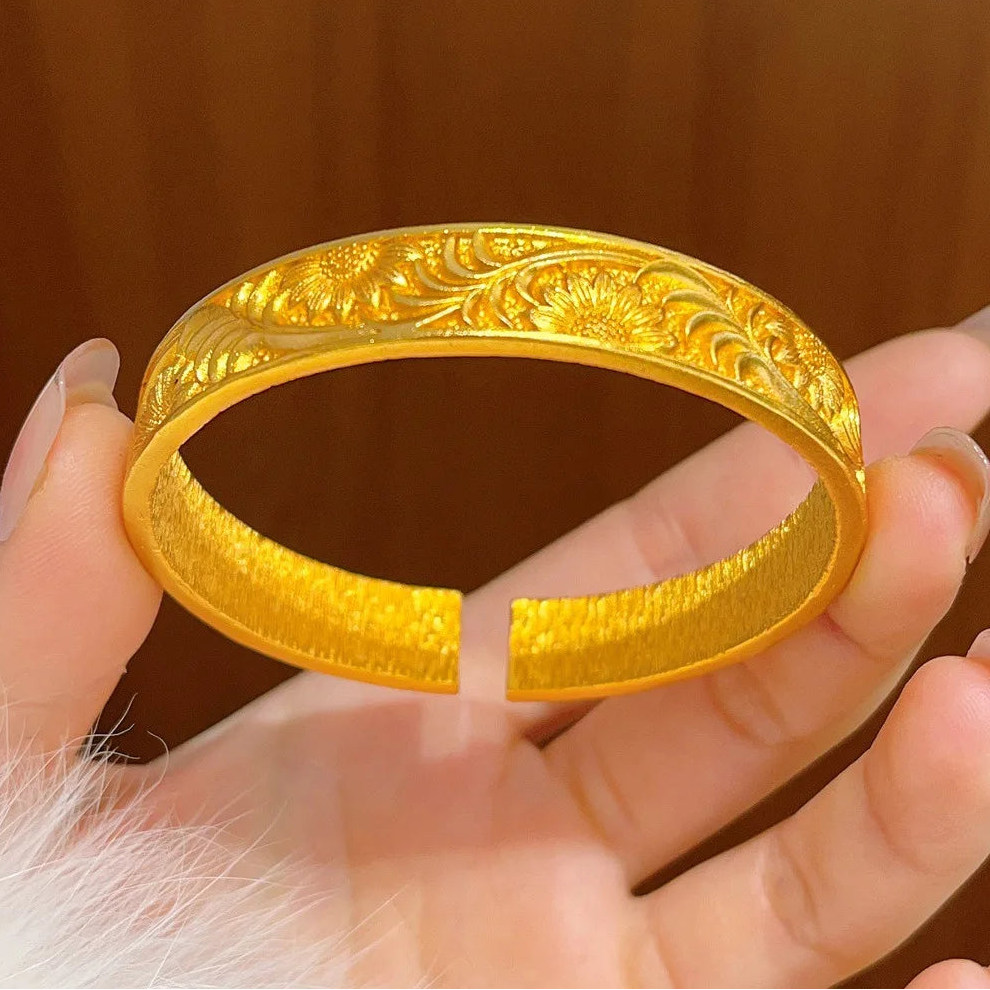 Gold Tone Women’s Cuff Bangle Bracelet Retro Flower Design