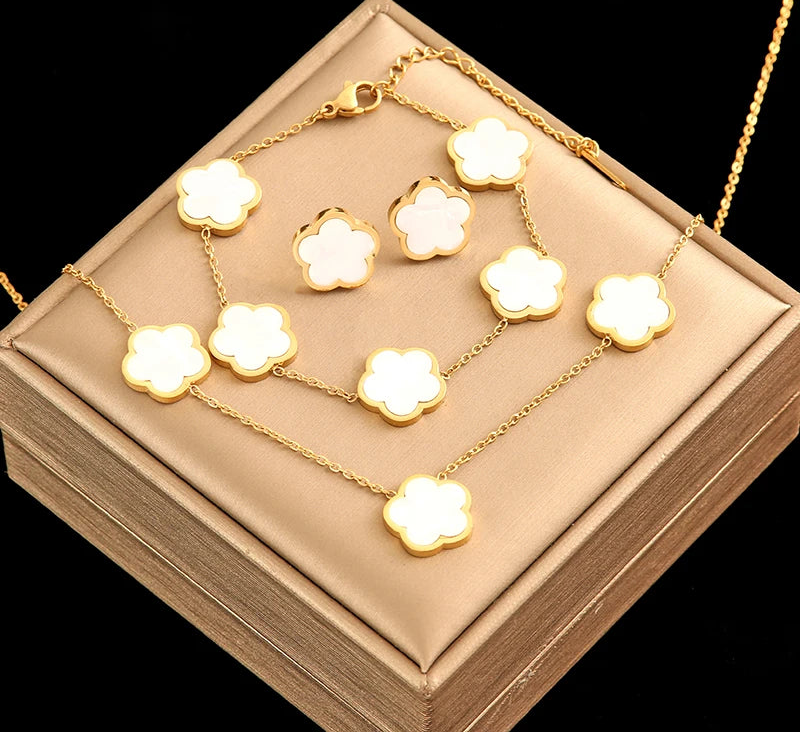 Five Clover Necklace Bracelet Earrings 18K Gold Plated Jewelry Set