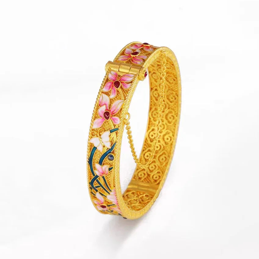 24K Gold Orchid Enamel Bangle