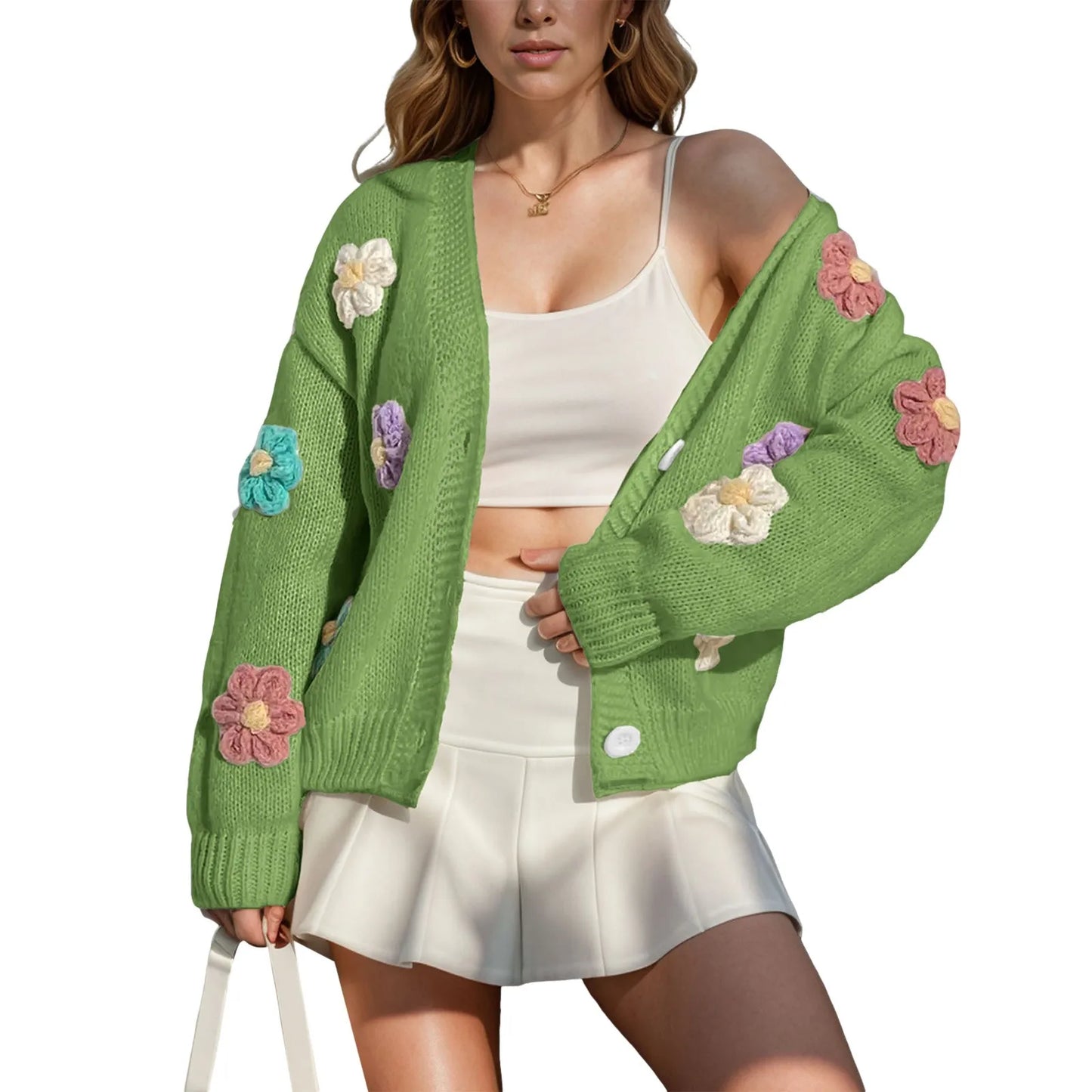 Floral Knit Cardigan Button Down Cropped Sweater