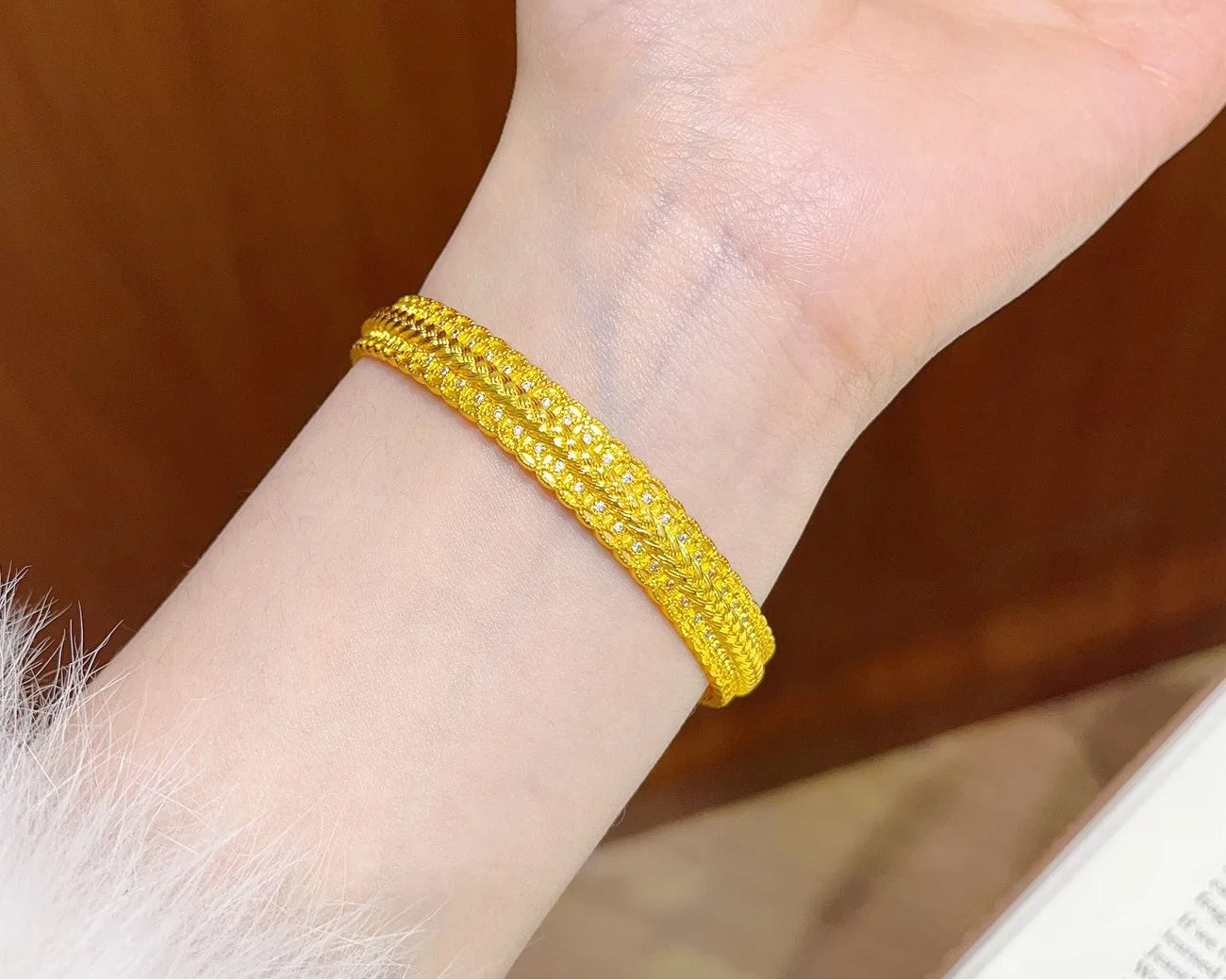 24K Gold Wheat Bangle AU999 Gold Adjustable Bracelet