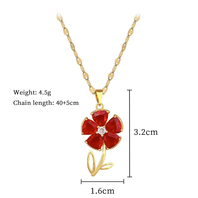 Red Crystal Flower Pendant Necklace – Stainless Steel