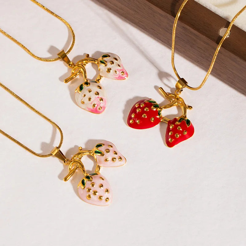 Strawberry Pendant Necklace Stainless Steel Enamel Chain