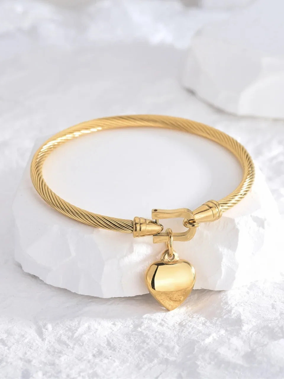 18K Gold-Tone Heart Charm Bangle Stainless Steel Vintage