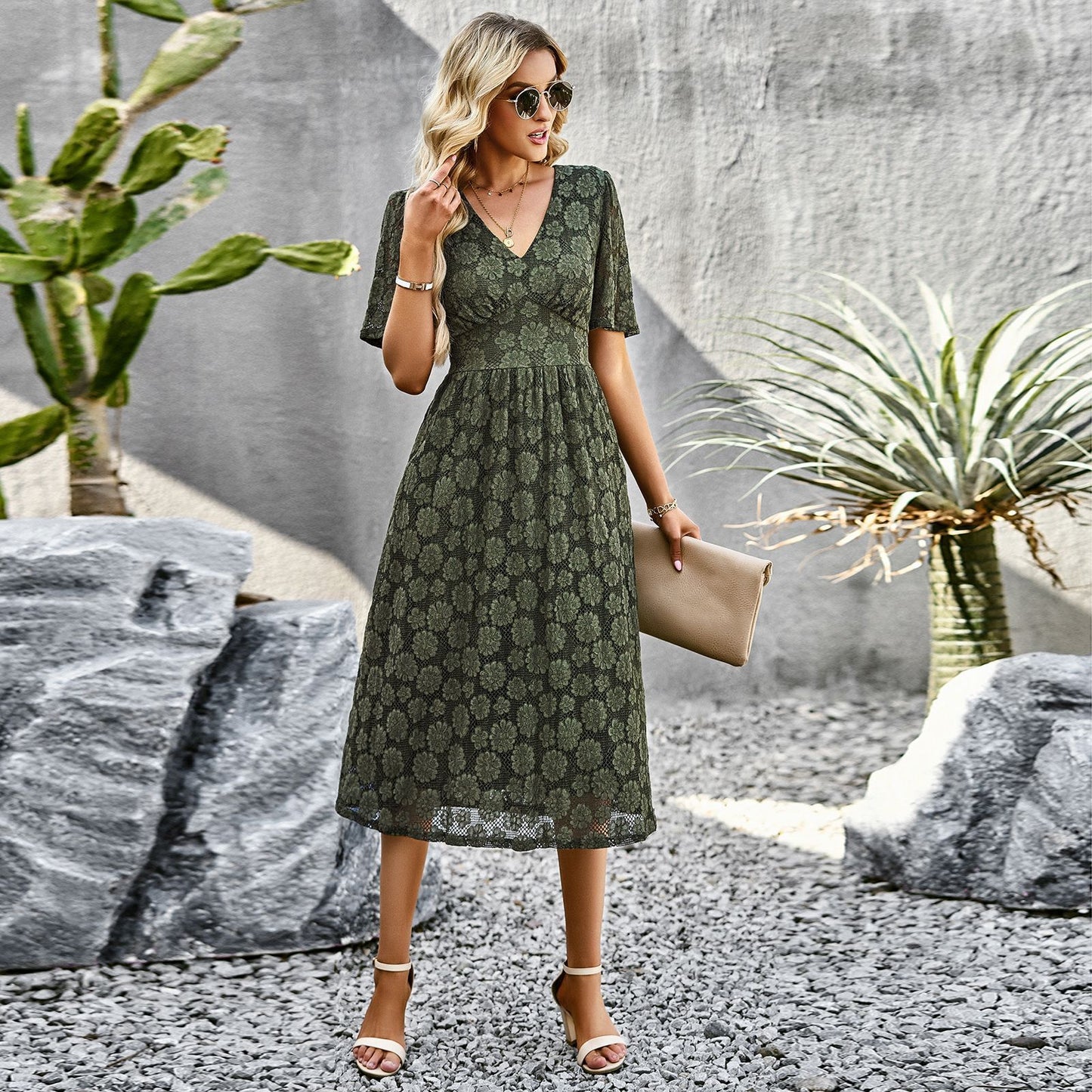 Infinity Beautiful V-Neck Lace Dress – Elegant Short Sleeve Summer Maxi Style - Infinity Beautiful Boutique
