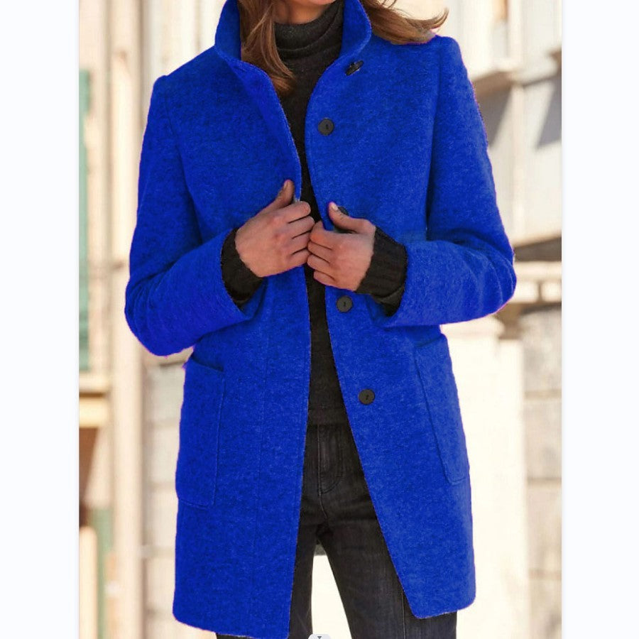Fashion Stand Collar Woolen Coat With Pockets Fall Winter Casual Button Outwear For Women Clothing - Infinity Beautiful Boutique