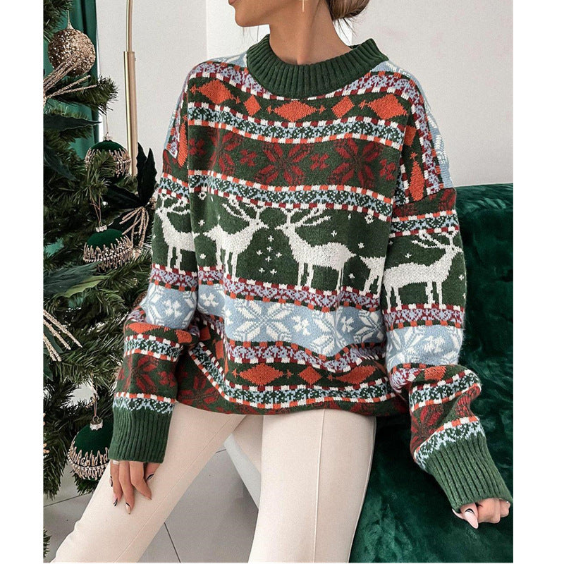 Women's Fashion Round Neck Loose Christmas Theme Jacquard Long Sleeve Sweater - Infinity Beautiful Boutique