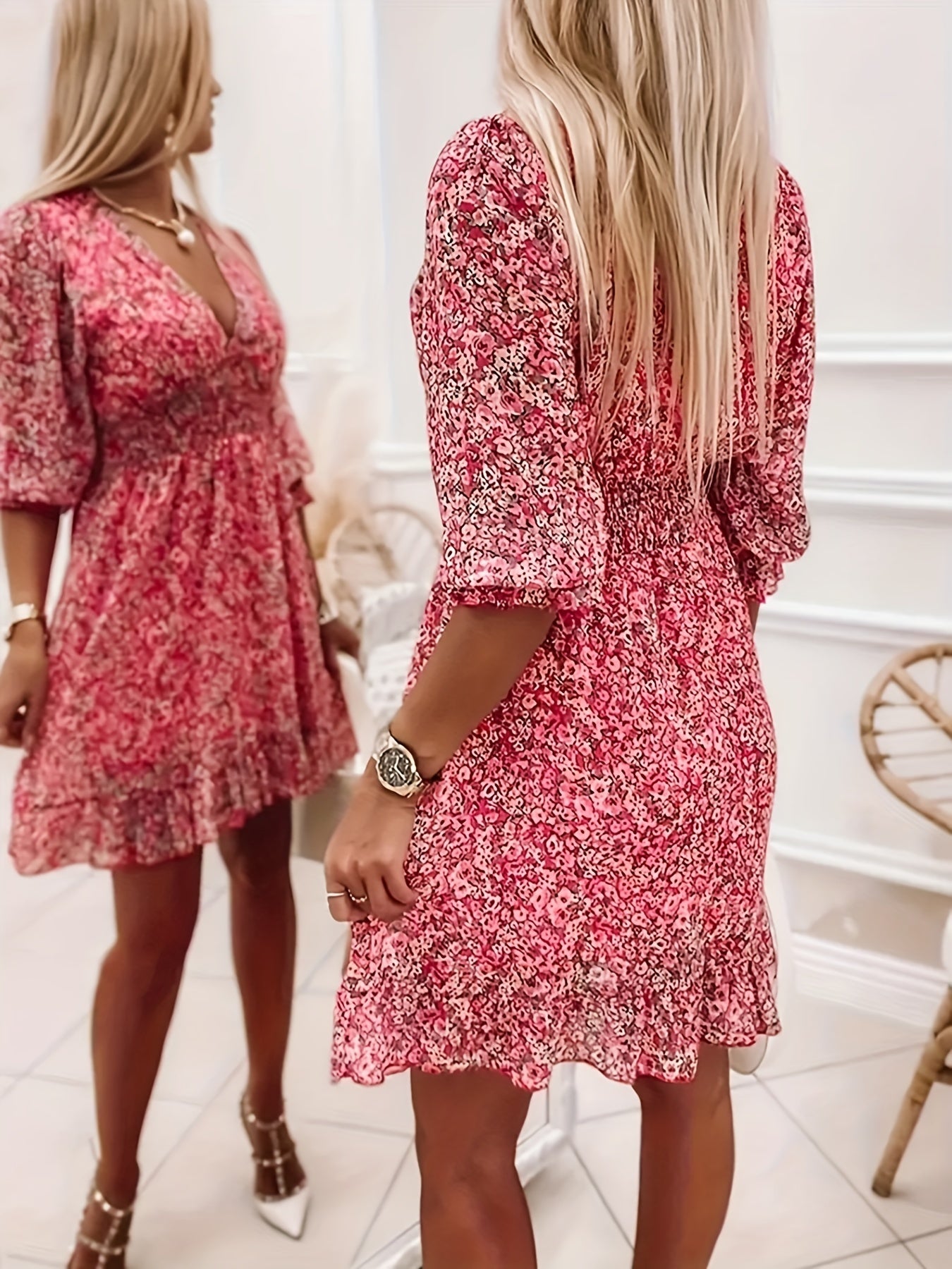 Infinity Beautiful Graceful Bloom Dress – V-Neck Print with Ruffle Sleeves & Flattering Waist, Perfect for Spring & Fall