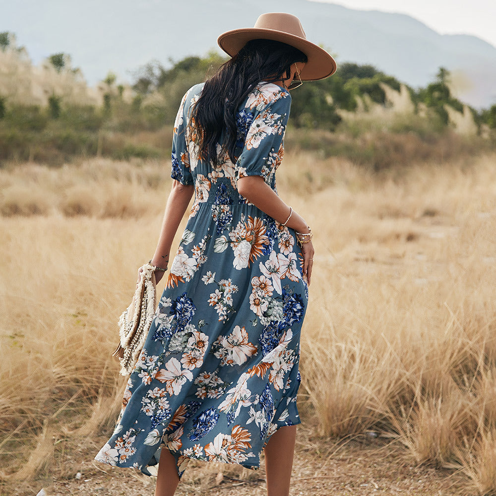 Infinity Beautiful Floral V-Neck Dress – Summer Beach Style with Elastic Waist - Infinity Beautiful Boutique