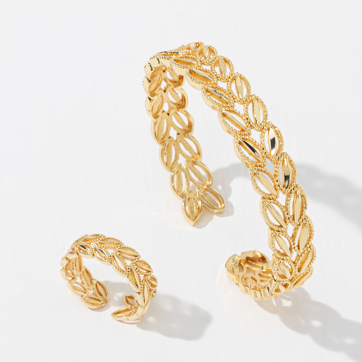 2Pcs Fashion 18k Gold Plated Wheat Ear Leaves Opening Bracelet Ring Set Suitable For Women's Daily Wear Holiday Jewelry Gifts - Infinity Beautiful Boutique