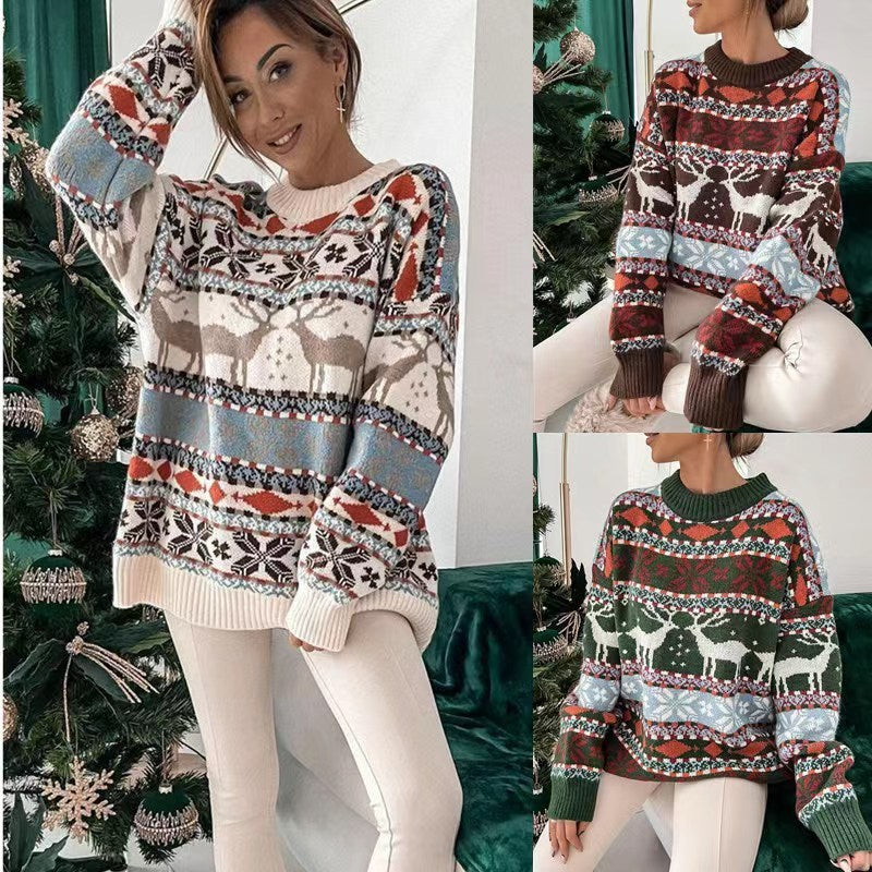 Women's Fashion Round Neck Loose Christmas Theme Jacquard Long Sleeve Sweater - Infinity Beautiful Boutique