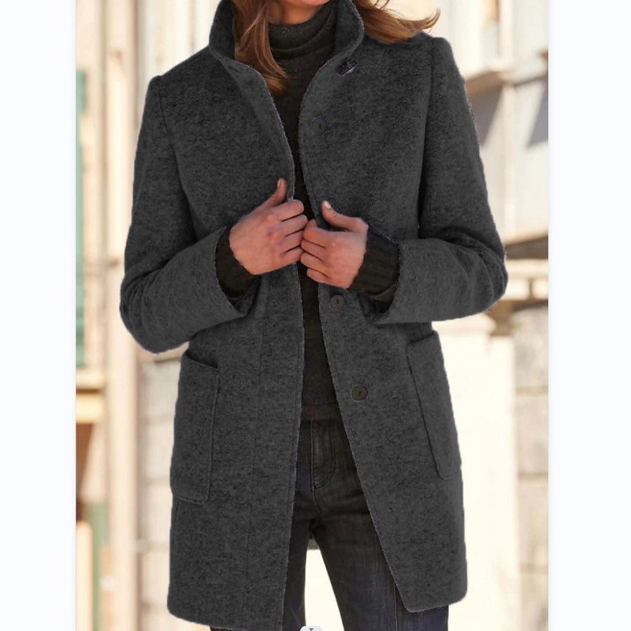 Fashion Stand Collar Woolen Coat With Pockets Fall Winter Casual Button Outwear For Women Clothing - Infinity Beautiful Boutique