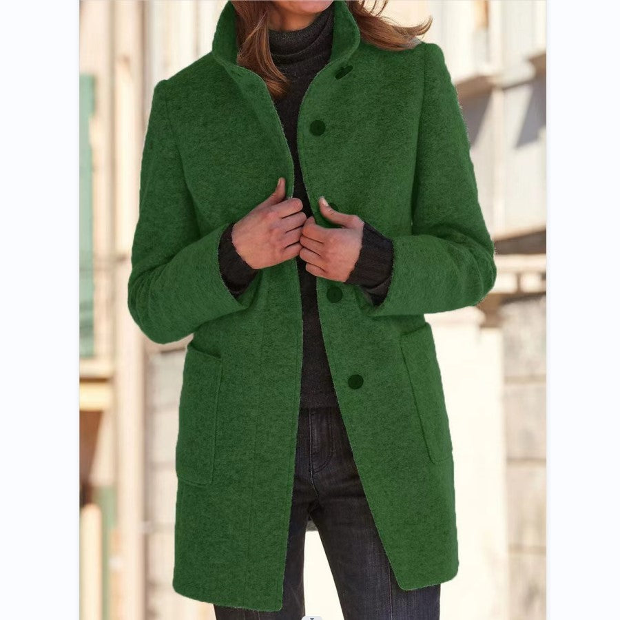 Fashion Stand Collar Woolen Coat With Pockets Fall Winter Casual Button Outwear For Women Clothing - Infinity Beautiful Boutique