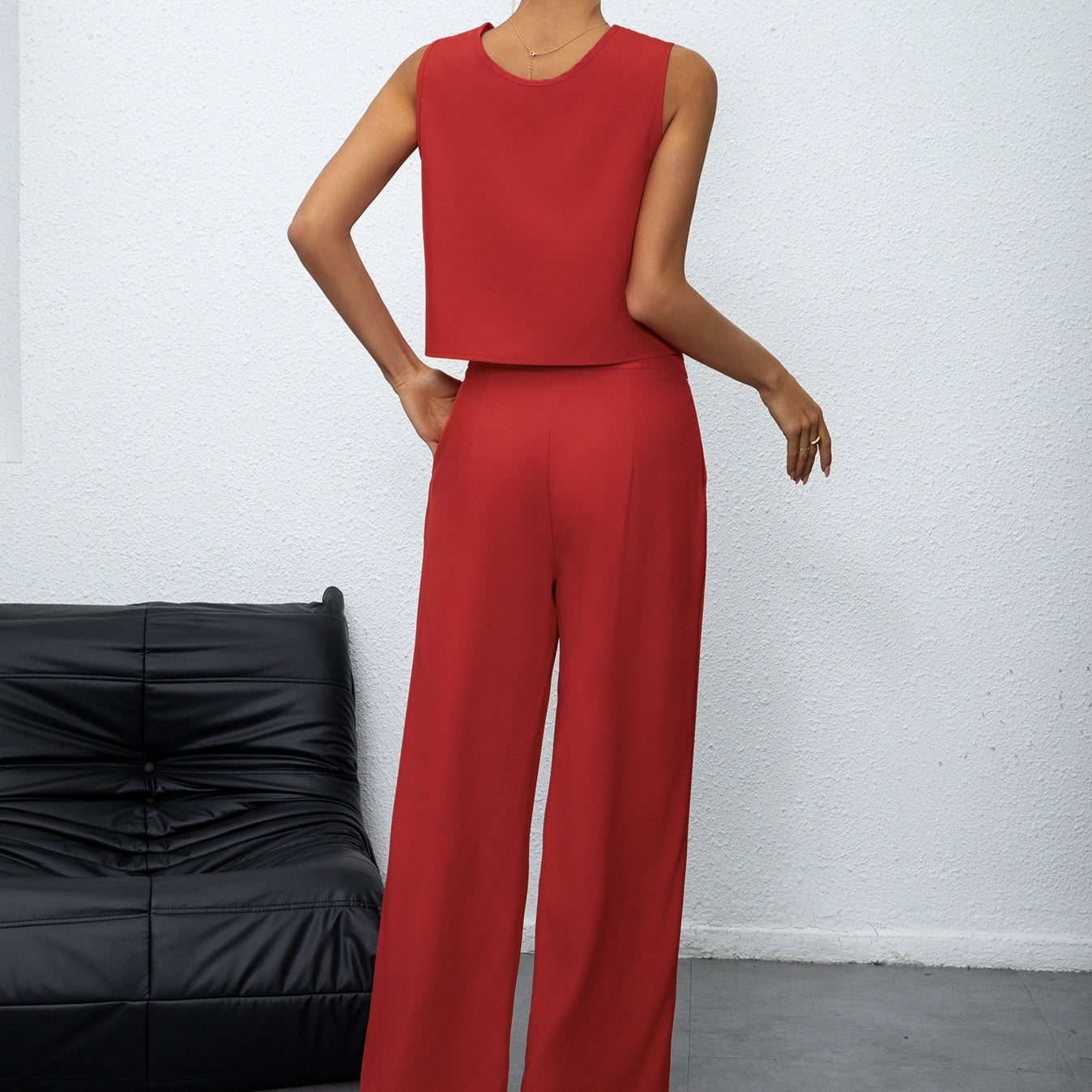 Women's Solid Color Sleeveless Top Vest And Loose Wide Leg Pants With Pockets And Straight Leg Pants Set - Infinity Beautiful Boutique