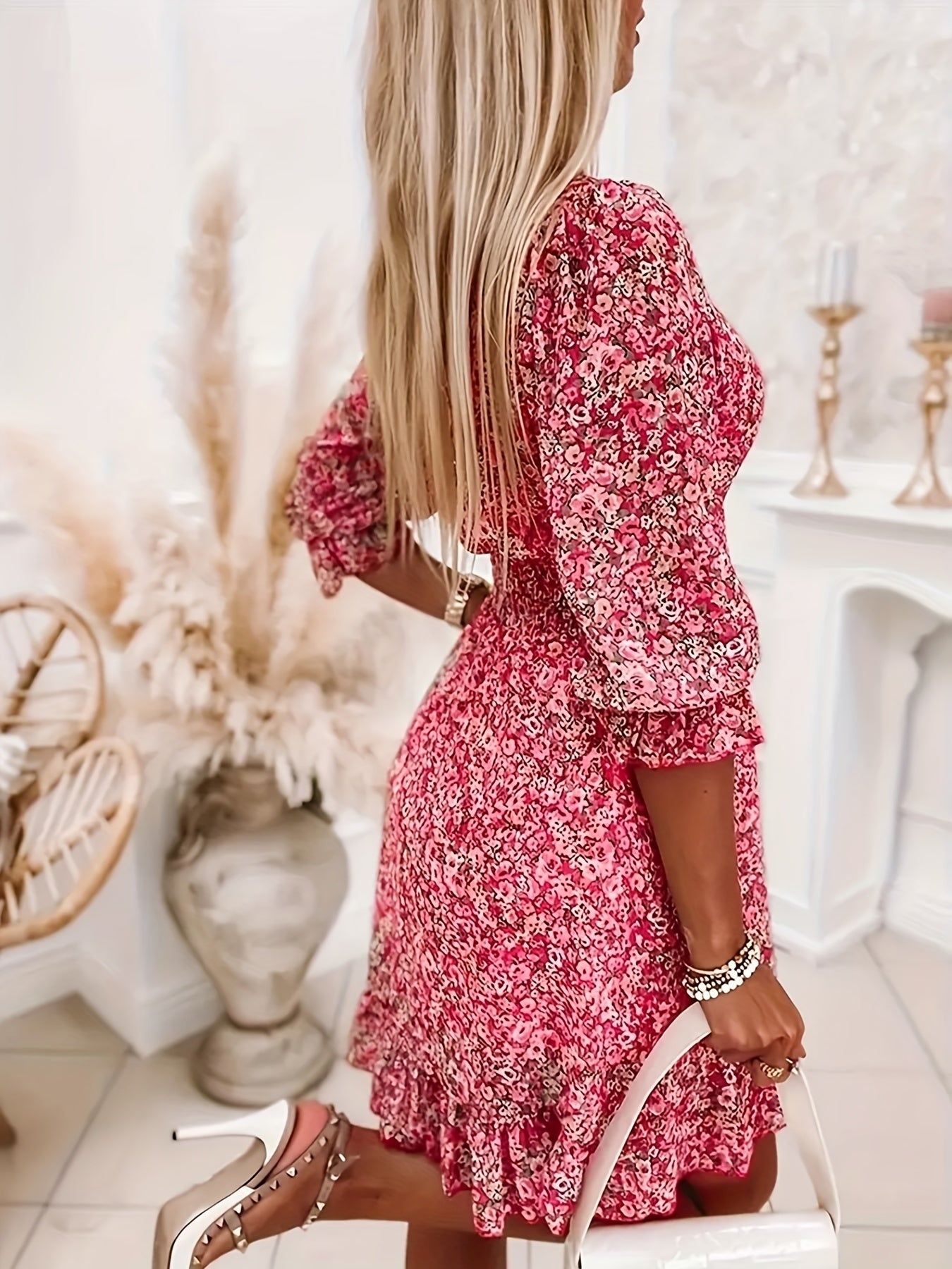 Infinity Beautiful Graceful Bloom Dress – V-Neck Print with Ruffle Sleeves & Flattering Waist, Perfect for Spring & Fall