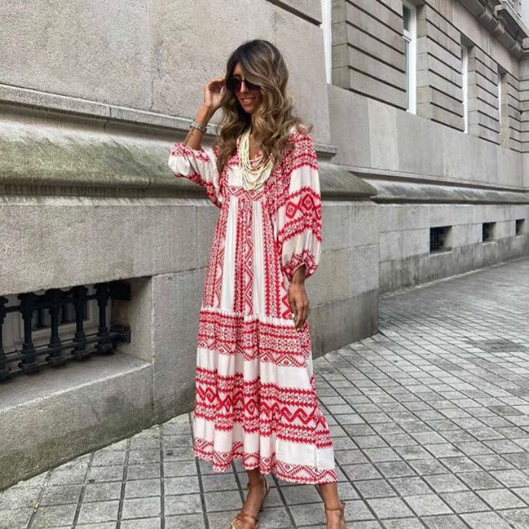 Infinity Beautiful Boho V-Neck Maxi Dress – Vintage Print Summer Style for Women