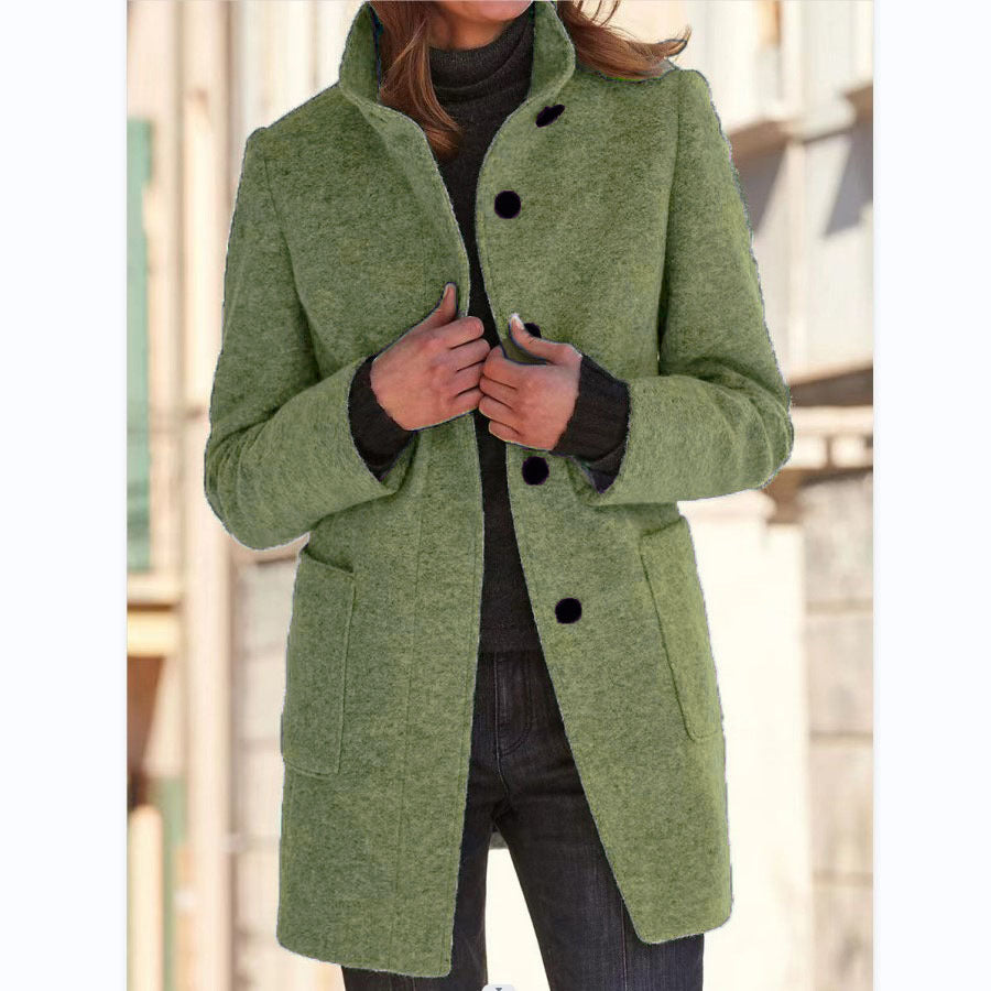 Fashion Stand Collar Woolen Coat With Pockets Fall Winter Casual Button Outwear For Women Clothing - Infinity Beautiful Boutique