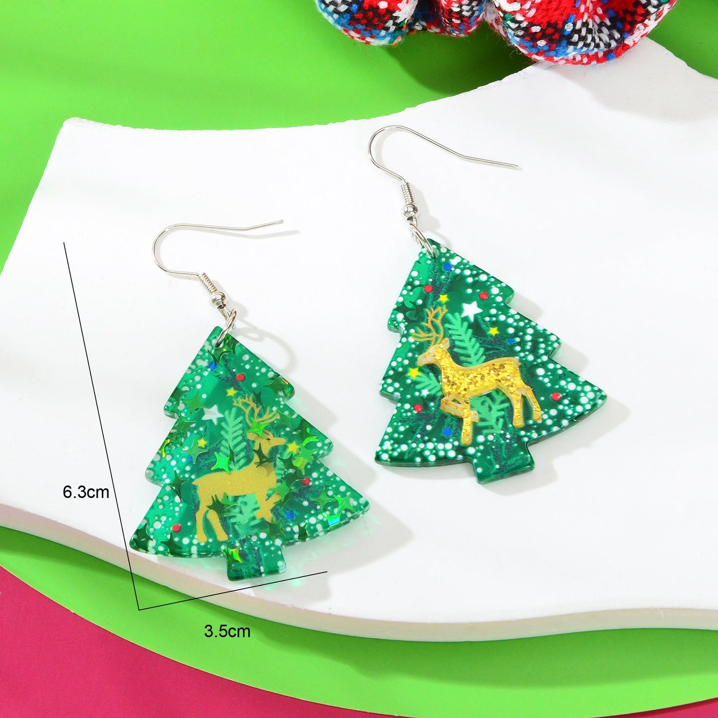 Deer Pattern Green Christmas Tree Acrylic Dangle Earrings Festival