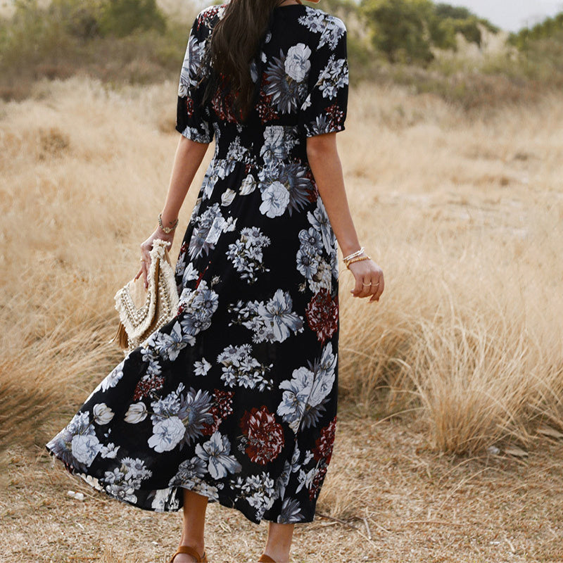 Infinity Beautiful Floral V-Neck Dress – Summer Beach Style with Elastic Waist - Infinity Beautiful Boutique