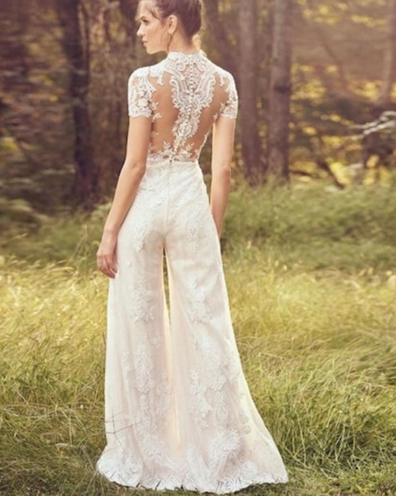 Infinity Beautiful Bridal Pantsuit – Short Sleeve Wedding Jumpsuit for Modern Brides - Infinity Beautiful Boutique