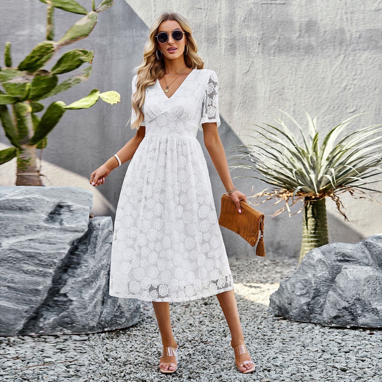 Infinity Beautiful V-Neck Lace Dress – Elegant Short Sleeve Summer Maxi Style