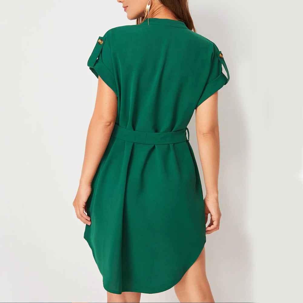 Infinity Beautiful V-Neck Belted Dress – Short Sleeve Summer Style with Bowknot Detail