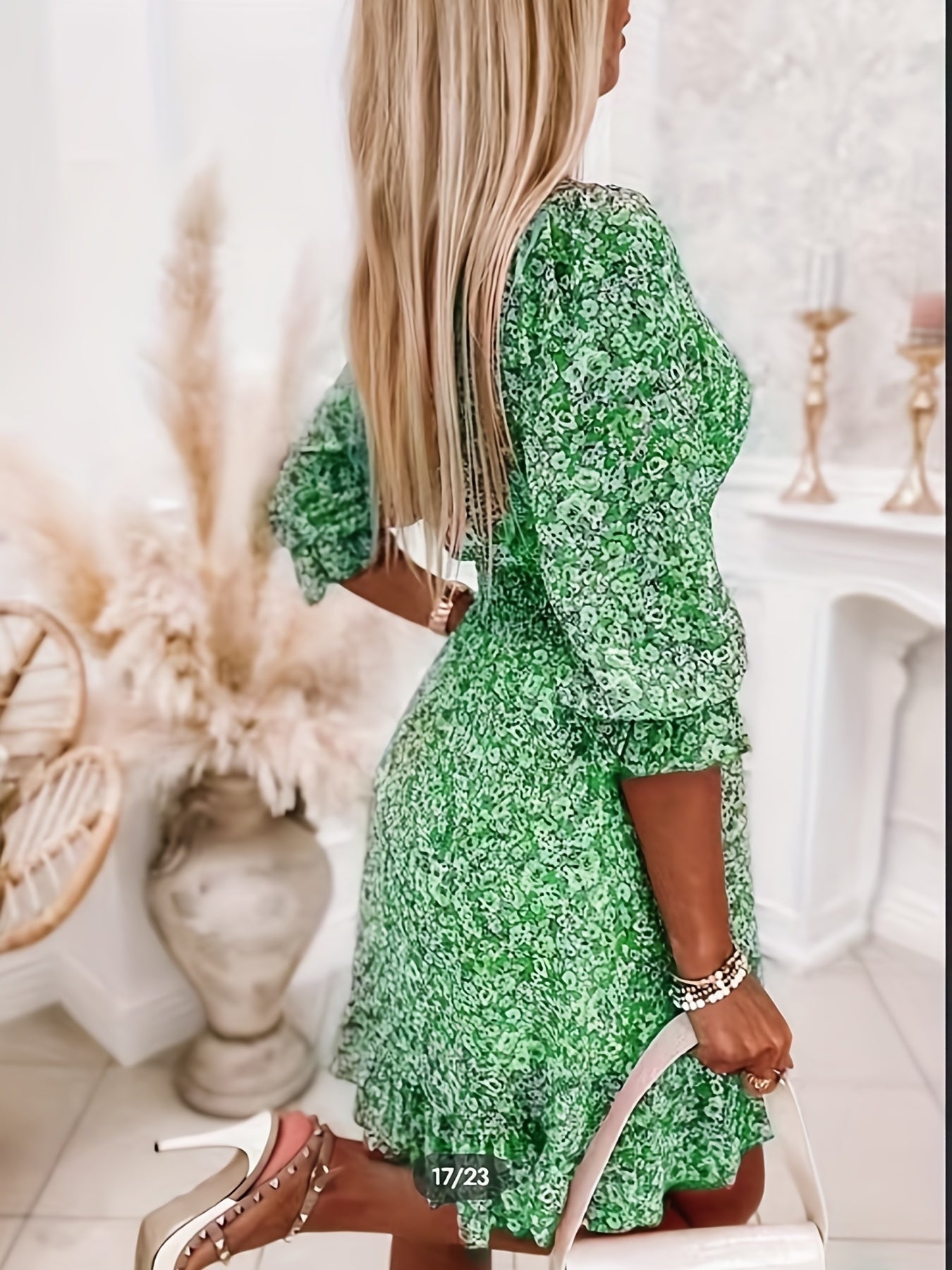 Infinity Beautiful Graceful Bloom Dress – V-Neck Print with Ruffle Sleeves & Flattering Waist, Perfect for Spring & Fall