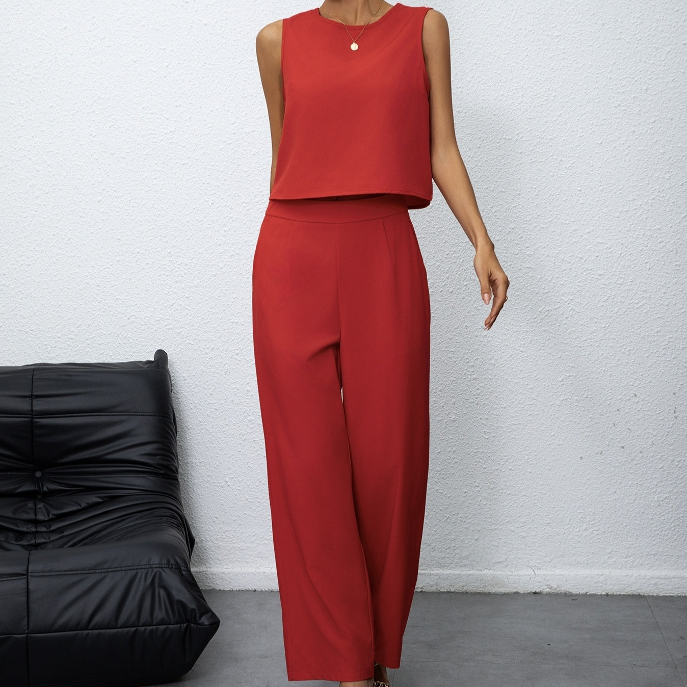 Women's Solid Color Sleeveless Top Vest And Loose Wide Leg Pants With Pockets And Straight Leg Pants Set - Infinity Beautiful Boutique