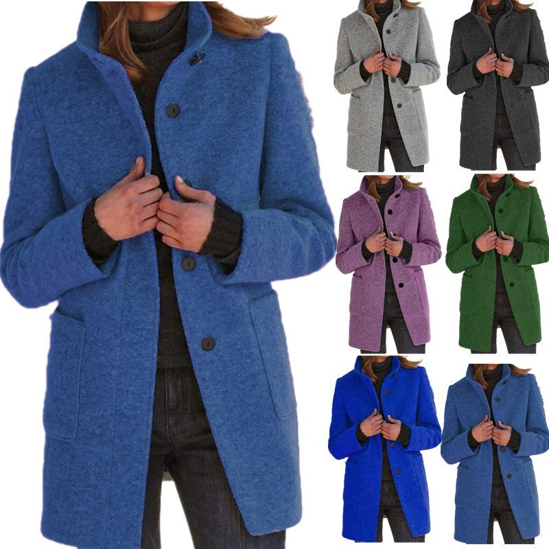 Fashion Stand Collar Woolen Coat With Pockets Fall Winter Casual Button Outwear For Women Clothing - Infinity Beautiful Boutique