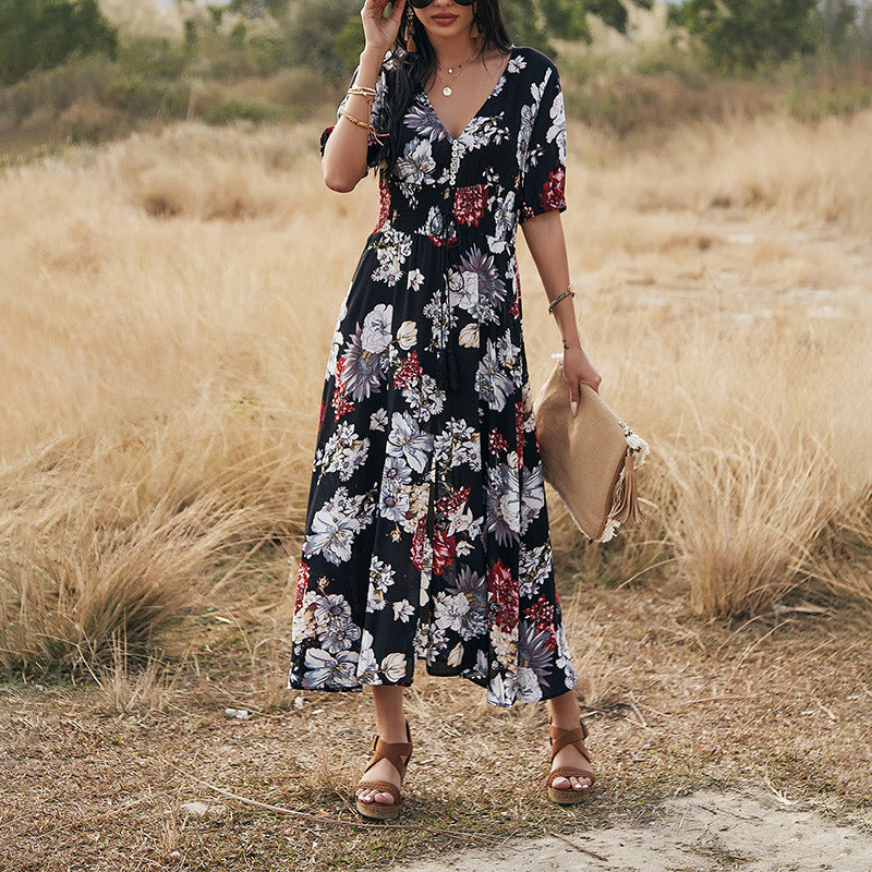 Infinity Beautiful Floral V-Neck Dress – Summer Beach Style with Elastic Waist - Infinity Beautiful Boutique
